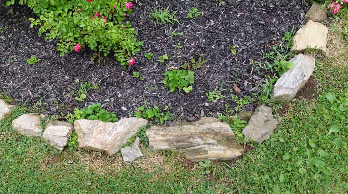 Garden bed with natural stone border and fresh dark mulch